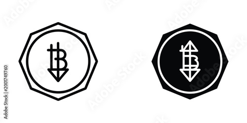 Modern bitcoin cryptocurrency symbol in octagonal frame with two style variations