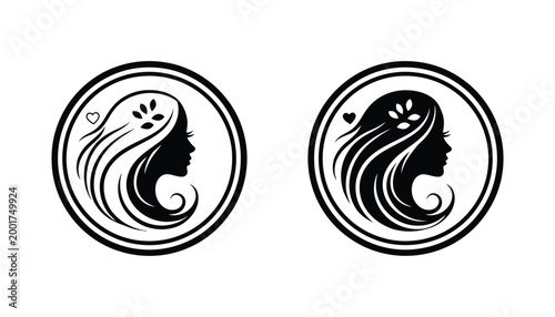 Elegant woman profile silhouette vector graphic in circle black and white isolated on white background representing beauty and femininity