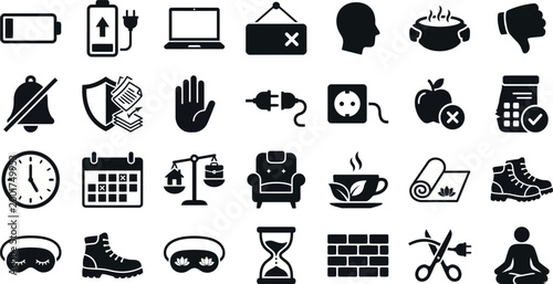 Lifestyle icons represent daily habits and wellness routines through a collection of minimalist black graphic symbols.