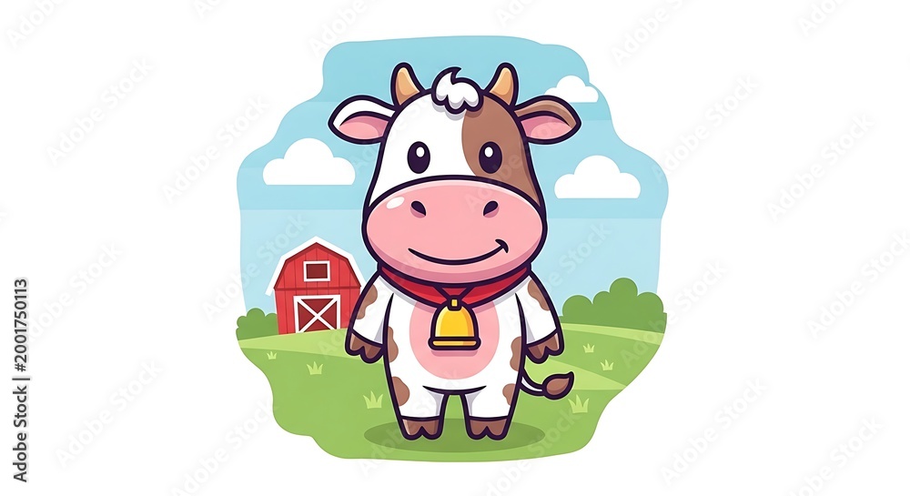 Fototapeta premium Cute Cartoon Cow Standing in Farm Field