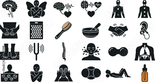 Wellness symbols illustrate human physiological care, therapeutic treatments, and sensory health practices through a collection of professional silhouette icons.