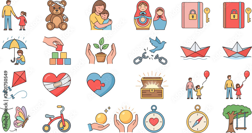 Naklejka premium Childhood development icons depict various activities and symbolic representations of growth, care, and emotional milestones.
