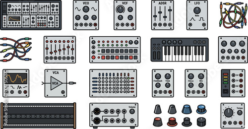 Synthesizer modules and electronic music production gear form a comprehensive set of interface components for audio engineering.