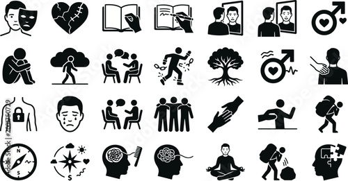 Pictograms illustrating mental health, emotional states, and human psychological development are displayed in a comprehensive collection for therapeutic or educational resources.