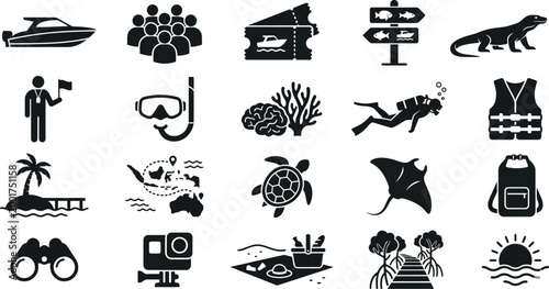 Icons depicting marine life and tropical exploration themes are organized into a monochrome set.
