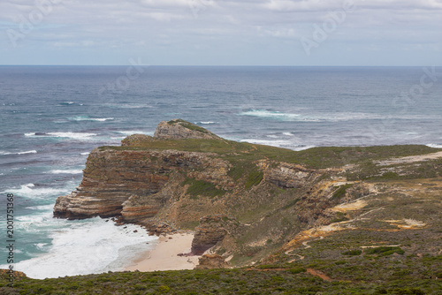 The amazing view on Diaz Beach at Cape Point, seen from the higher cliffs. The beach is a secluded and magnificent stretch of amazing white sand, turquoise waters and surrounded with 200meter high cli