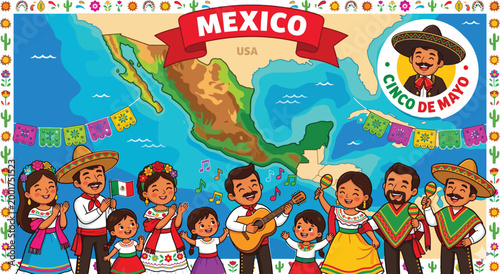 Fotografía Mexico Map Celebration Illustration with Cinco de Mayo Festival, Mariachi Band,