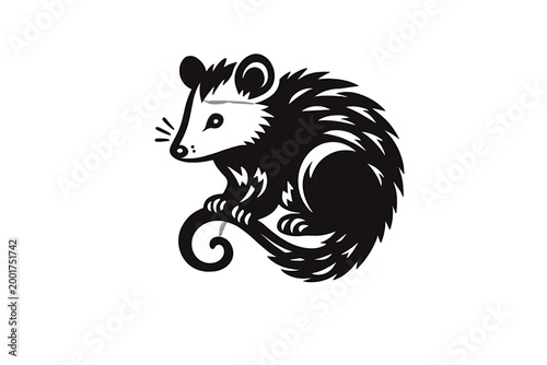 Photos Cute opossum doodle vector illustration with curled tail, black fur, white face
