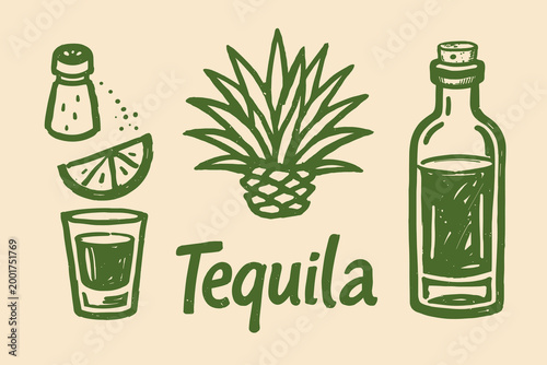 Schilderij op canvas Tequila drink doodle vector illustration with bottle, shot glass, lime, salt sha