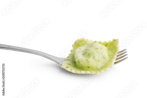 Fork with tasty ravioli on ...