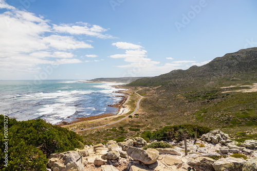 Impressive view from the cliff near Cape of Good Hope, with a view on the ocean and Maclear Beach, which is one of the best secluded beaches around the national park and it is a quiet stretch of beach