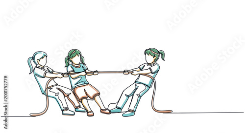 Three children playing tug of war in a single line drawing, competition, fun, outdoor activity.