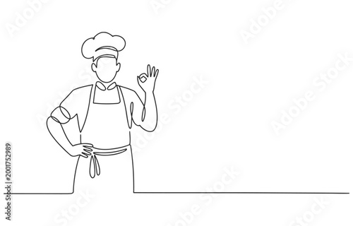 One line illustration of a chef in uniform toque and apron hand gesture indicating approval line art well done white background restaurant perfection approval illustration minimalist