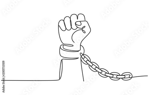 Fist raised with broken chain in single line art style breaking free breaking chains end of oppression human rights social justice liberation strength revolution oppression struggle