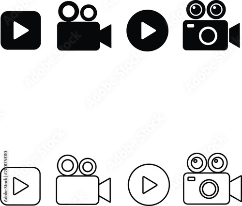 Video and media icons set with play button camera and film symbols solid and outline styles vector illustration collection