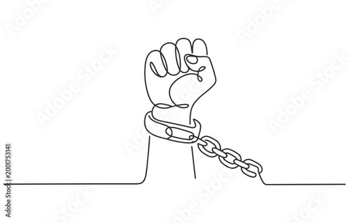Fist raised with broken chain in single line art style breaking free breaking chains end of oppression human rights social justice liberation strength revolution oppression struggle