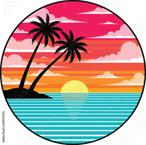 Tropical sunset landscape with palm trees ocean waves and colorful sky circular badge vector illustration for summer travel design