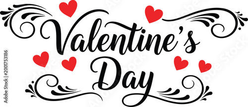 Valentines day hand lettering typography with decorative flourishes and red hearts romantic calligraphy vector illustration for love holiday design