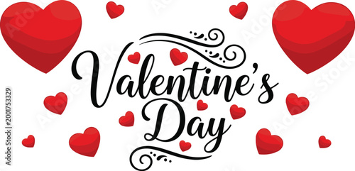 Valentines day romantic lettering with red hearts decorative typography love greeting card design elegant vector illustration