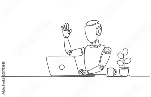 Outline illustration of a robot working on a laptop coffee and plant on the desk artificial intelligence line art computer technology automation illustration wireless workspace