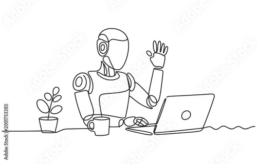 Line art vector of a robot person with a laptop coffee cup small potted plant artificial intelligence computer technology automation illustration wireless workspace communication