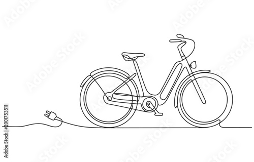 Continuous line drawing of an electric bicycle connected to a power plug symbolizing eco friendly transportation and energy electric bike line art two wheels white background transportation