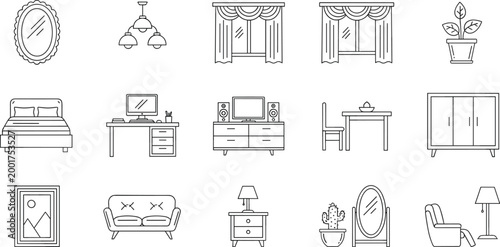 Home interior furniture line icons set with sofa bed table wardrobe mirror and decor elements minimal outline vector illustration collection