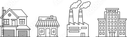 Building types line icons set with house shop factory and apartment minimal outline vector illustration collection for urban architecture design