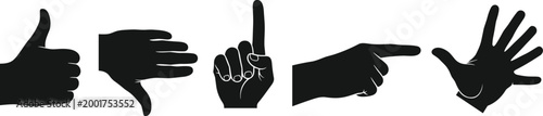 Hand gesture silhouettes set with thumbs up pointing finger and open palm icons black vector illustration collection for communication design