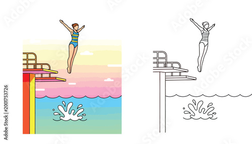 Girl diving into a swimming pool from a high platform vector illustration and black and white coloring page set. Female athlete jumping into water with splash and sunset background.