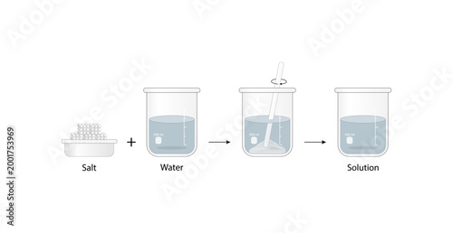 Homogeneous mixture, uniform composition, salt and water. Solubility, solute and solvent. Chemistry experiment. Scientific design. Vector illustration.