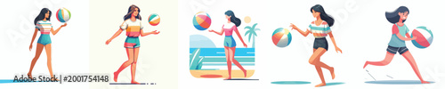vector of a woman standing playing beach ball in summer
