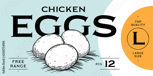 Chicken, hen with nest, eggs. Label, tag, chicken nest, eggs sketch ink pencil style drawing, engrave old school style. Sketch artwork silhouette chicken with nest, eggs. Vector Illustration