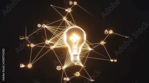 A creative business timelapse of a lightbulb transforming into an innovation ecosystem with interconnected ideas against a dark background, concept of creativity and breakthrough thinking