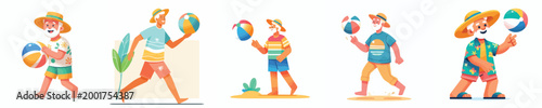 vector of a grandpa standing playing beach ball in summer