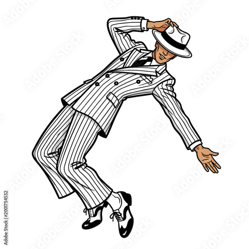 Photography vintage stylish man dancer in pinstripe suit dancing in moonwalk style illustrat
