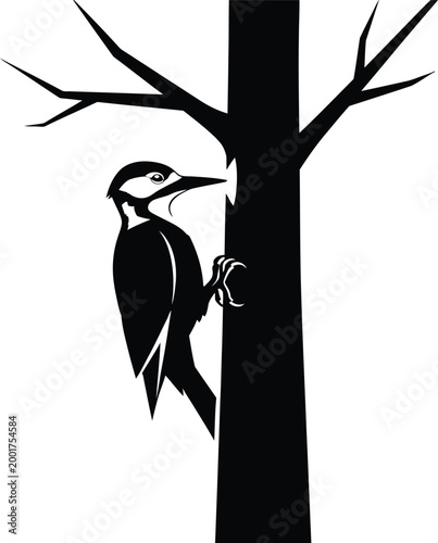 Woodpecker silhouette on tree trunk a minimalist nature scene