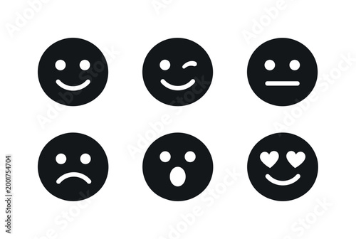 Set of six minimalist emoji face icons showing happiness, winking smile, neutral mood, sadness, surprise, and love hearts on white background