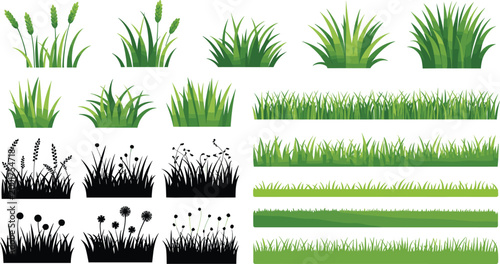 Green grass vector set with realistic lawn patches, wild plants, silhouette bushes, and decorative nature elements isolated on white background