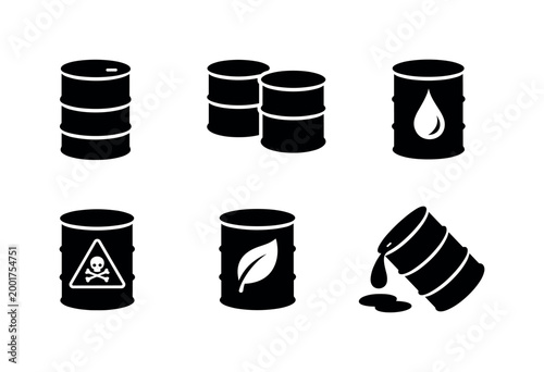 Set of black oil barrel icons showing storage drums, spill and leakage, flammable petroleum, toxic hazard symbol, and eco leaf label in silhouette
