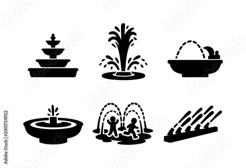 Set of black fountain silhouettes showing water jets, tiered basins, splashing sprays, and playful children in a park water feature icon collection