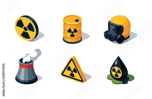 Isometric nuclear radiation hazard icons set featuring warning symbols, radioactive barrel, gas mask, cooling tower, and contaminated liquid drop