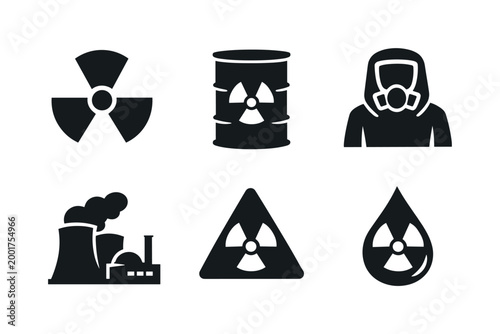 Set of black radiation hazard icons showing radioactive symbol, waste barrel, hazmat worker, nuclear plant cooling towers, warning sign, and contamination droplet