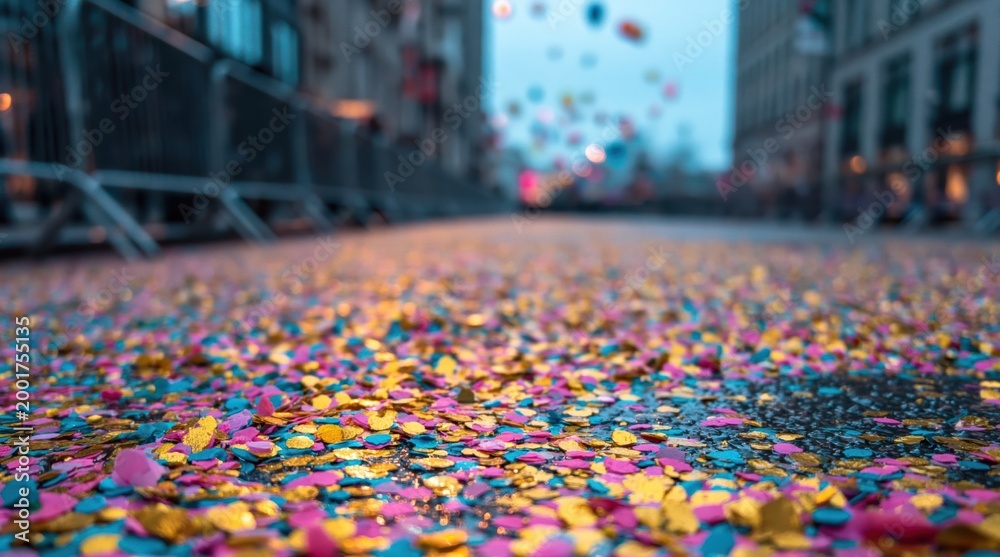 Obraz premium Celebration and festivity colorful confetti scattered on city street after parade or event representing joy community and post-event cleanup challenges. High quality photo