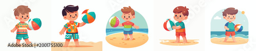 vector of a little boy standing playing beach ball in summer