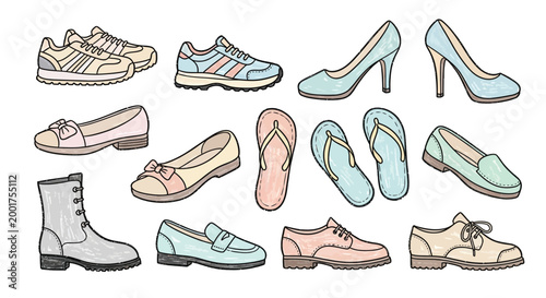 A diverse collection of footwear, including sneakers, high heels, loafers, boots, and casual shoes, presented in a colorful illustration.
