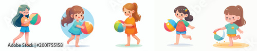 vector of a little girl standing playing beach ball in summer