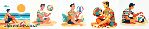 vector of a man sitting holding beach ball in summer