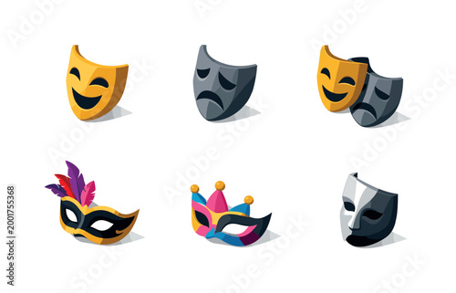 Set of theatrical and carnival masks including comedy and tragedy faces, colorful masquerade designs, and dramatic performance icons on white