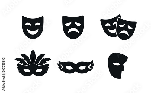 Set of black theater and masquerade mask silhouettes with comedy and tragedy faces, carnival eye masks, and half-face disguise icons on white